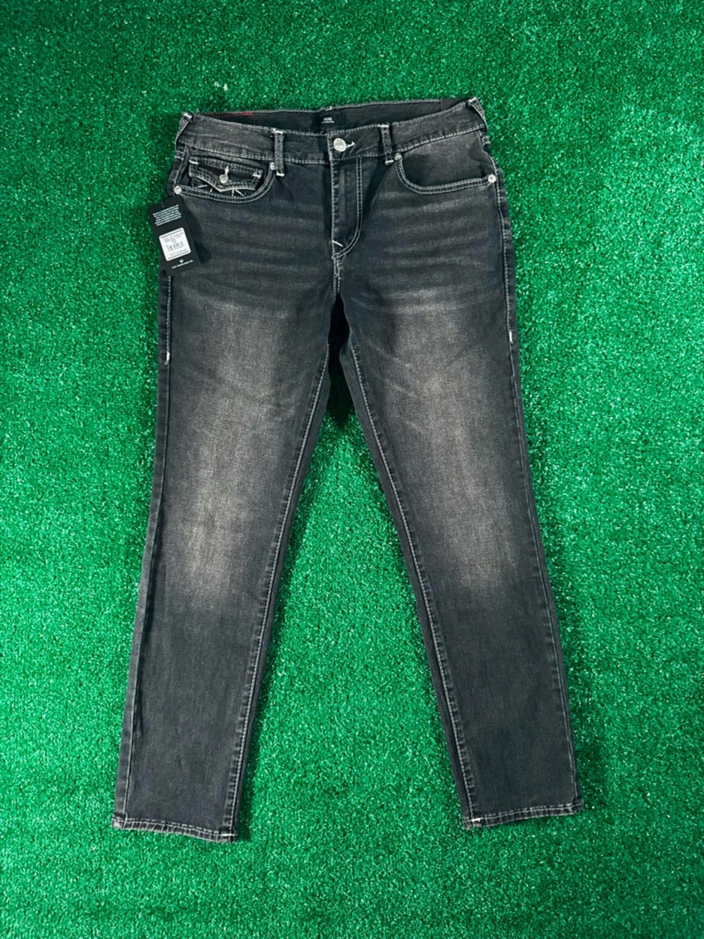 True Religion Geno Big T Flap Slim Jeans in Grey Gloomy Wash